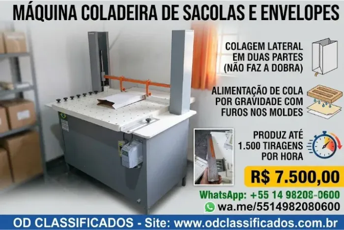 44 Maquina Coladeira de Sacolas - Envelopes - Folhas, Faz Colagem Lateral em Duas Partes,