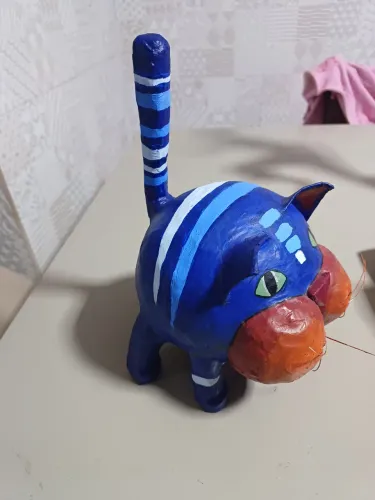 Escultura Gato Azul Papel Mache Importada