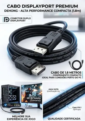 Cabo DisplayPort Dehong 4K @ 144Hz (Novo / Certificado UL)