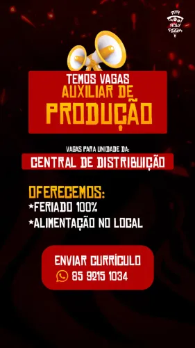 VAGA DE DISPONÍVEL PARA AUXILIAR DE PRODUÇÃO