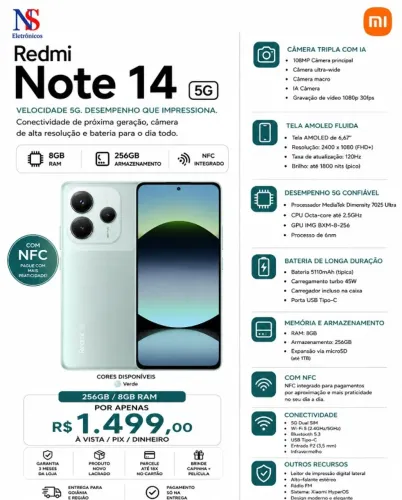 Smartphone Xiaomi Redmi Note 14 5G 256GB 8GB RAM Dual SIM Tela 6.67 Lacrado Entregamos