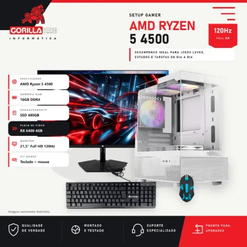 Setup Gamer Ryzen 5 4500 RX 6400 4GB 16GB SSD 480GB Monitor 120Hz Teclado - Modelo 1