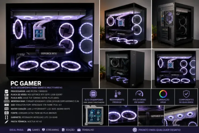 PC GAMER TOP DE LINHA ? Ryzen 7 9800X3D + RTX 5070 12GB ? Watercooler com Display LCD