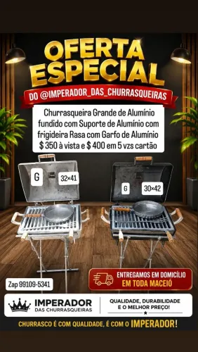 Churrasqueira Grande com Suporte de Alumínio com frigideira e garfo