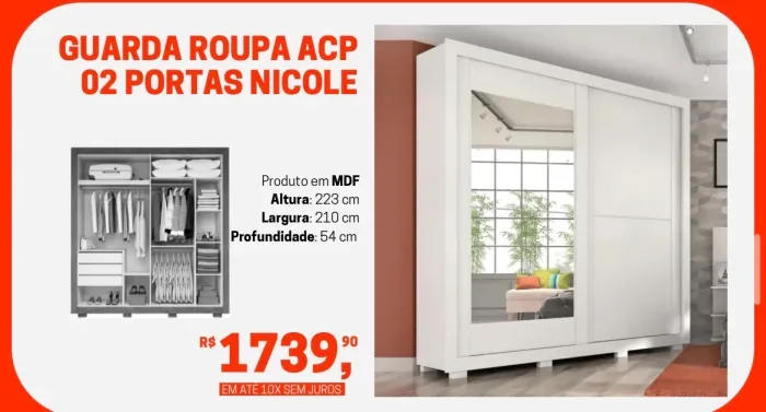 Guarda-Roupa ACP Nicole - 02 Portas de Correr - Com Espelho - Novo!