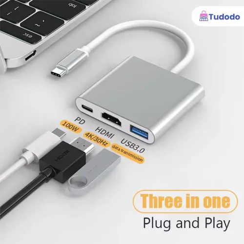 Adaptador 3 em 1 USB c com saída HDMI, USB 3.0 e USB c