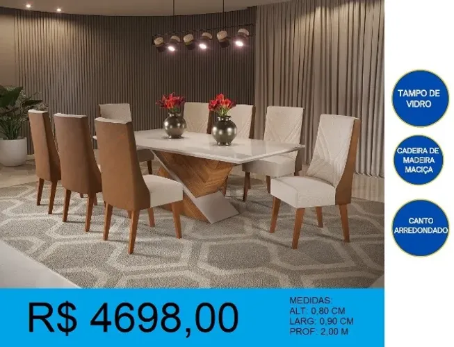 Mesa 8 lugares com cadeira de madeira maciça - entrega gratuita