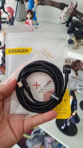 Cabo USB Tipo C de 1 metro, Essager *Novo- Suporta carregador rápido de 100W, ponta 90?