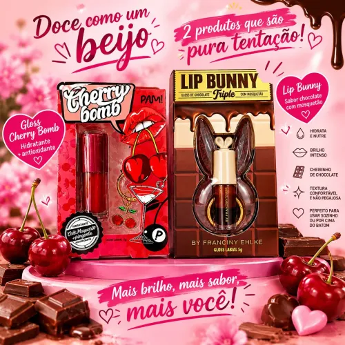 Kit 2 Gloss Cherry Bomb de Cereja e Lip Bunny Chocolate.