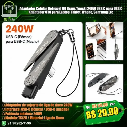 Adaptador Celular Dobrável 90 Graus Toocki 240W / 30W USB C / Lightning iPhone