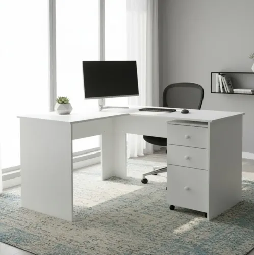 Mesa L com gaveteiro em mdf