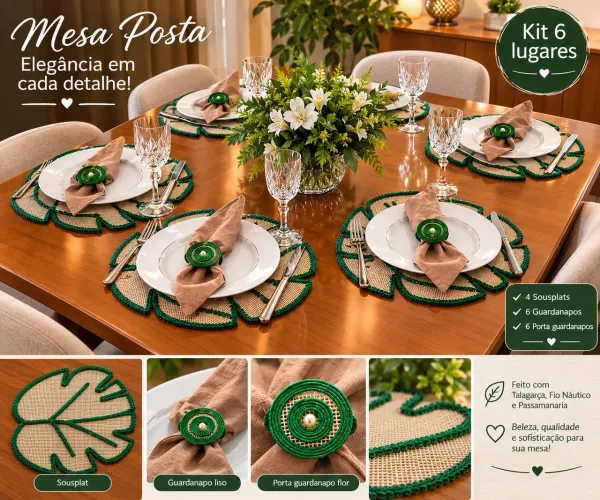 Kit Mesa Posta 6 lugares - Souplast Folha Artesanal + Guardanapos e Porta Guardanapos.