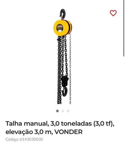 Talha manual, 3,0 toneladas (3,0 tf), elevação 3,0 m, VONDER Código: 6143030030