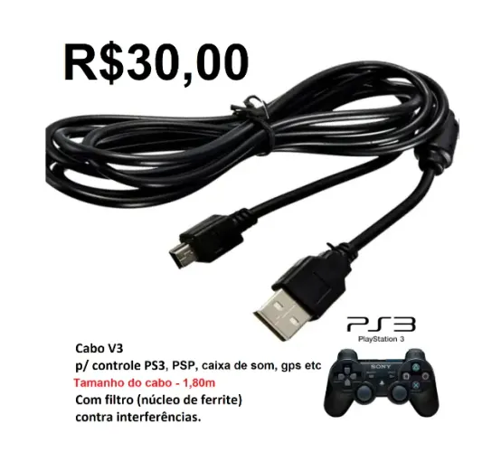 Cabo V3 p/ controle de PS3, gps e etc 1,80m com filtro R$ 30,00