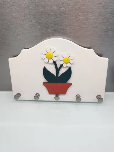 Porta-Chaves madeira laqueada branco com detalhe Flores