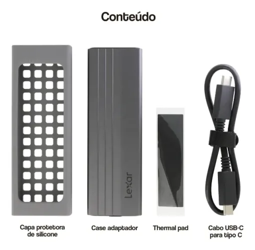 Case Externo Lexar E300 SSD M.2 NVME USB-c 3.2 Gen 2 Alumínio 10 Gb/s Cinza