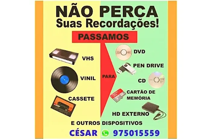 Conversão de LP e K7 para CD ou Pendrive e VHS para DVD ou Pendrive.
