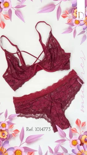 Conjunto de Lingerie Diamantes com Aro Rendada Bordô - Ref. 1014773