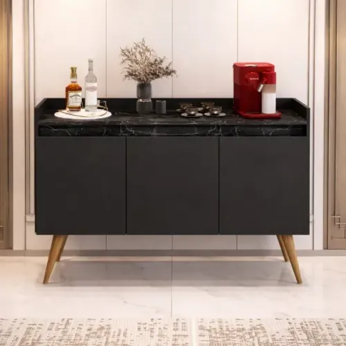 Buffet Gold Marmorizado 3 portas Preto/Marmore Preto (Produto Novo)