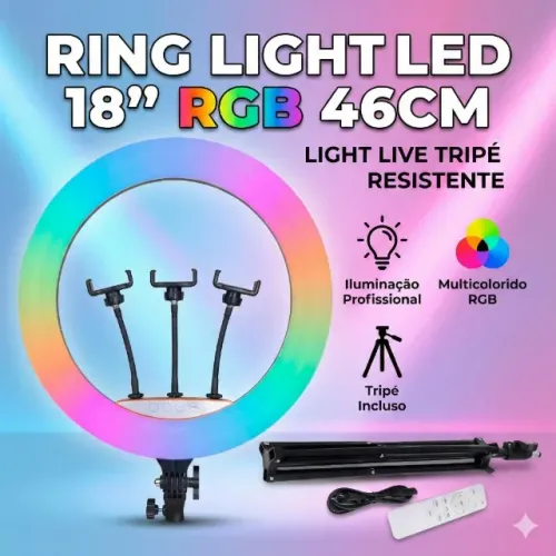 Ring Light LED 18'' RGB 46CM Luz Live Tripé Resistente Iluminação Suave e Uniforme
