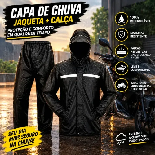 Capa de chuva preta (jaqueta + calça) NOVA