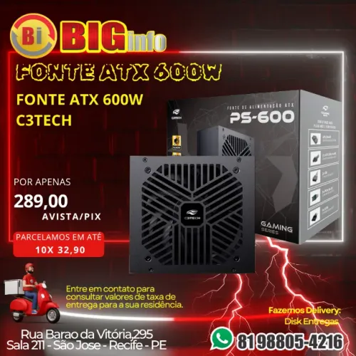 Fonte Gamer C3Tech PS-600BK 600W Real, Silenciosa - Preta - C3 TECH