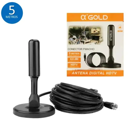 Antena Digital Interna para TV HDTV 4K Cabo de 5m com Base Magnética - A'Gold