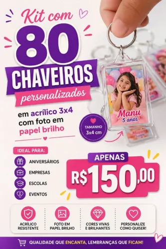 Kit chaveiro acrílico 3x4