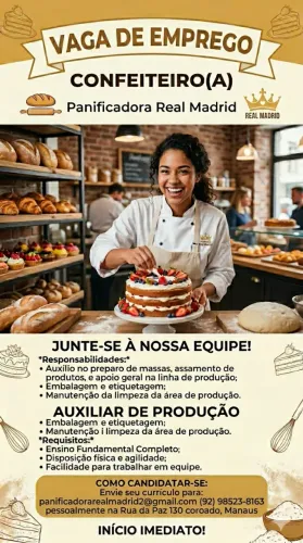 Confeiteiro e Auxiliar de produção Periodo integral 