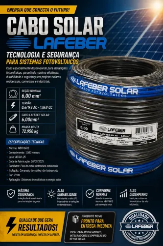 Cabo Solar Fotovoltaico Lafeber 6mm² 1,8kV ? Bobina 1.000m
