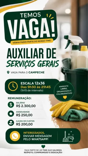 Auxiliar de serviços gerais - Campeche - 12x36