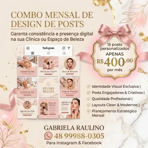 Combo Mensal de Posts para Estética e Beleza (15 Artes)