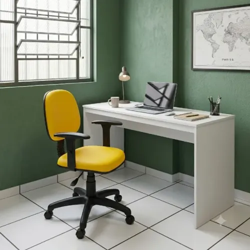 Conjunto Home Office: Mesa Branca 1,60m + Cadeira Giratória Amarela
