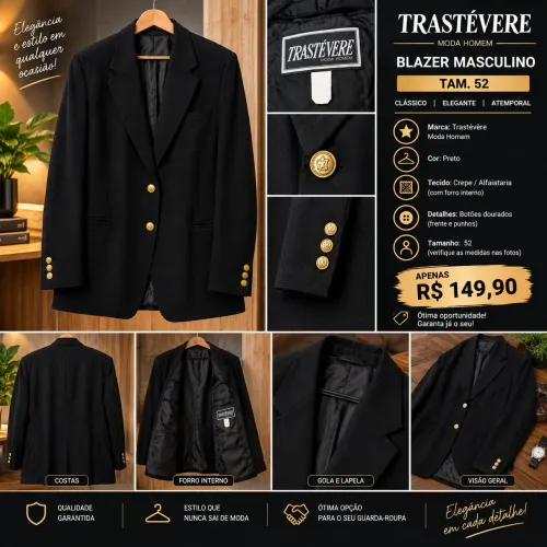 Blazer Masculino Preto Trastévère Tam. 52 - Botões Dourados