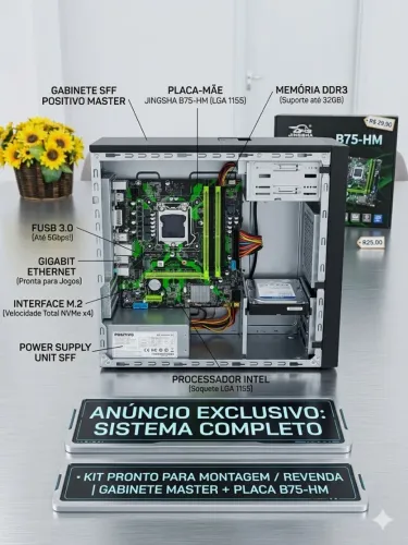Kit Placa Mãe B75 * 4x Slots de Memória DDR 3 * M.2 NVMe + USB 3.0 + Gabinete Slim + Fonte