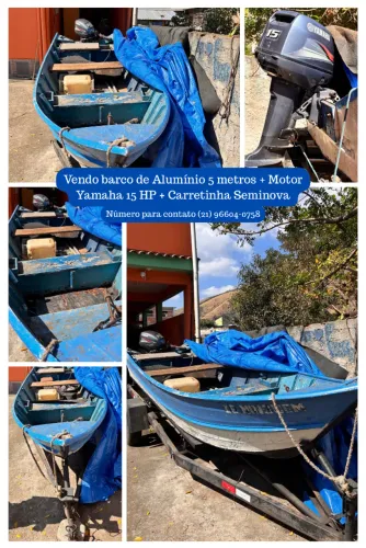 Barco de Alumínio 5 metros + Motor Yamaha 15 HP + Carretinha Seminova