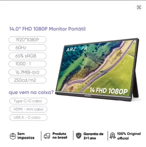 Monitor portátil ARZOPA 14,0 ''1080P FHD IPS com segunda tela externa USB C HDMI