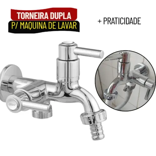 Torneira Dupla para Tanque e Máquina de Lavar 2 Saídas em Metal Cromado - SCS22