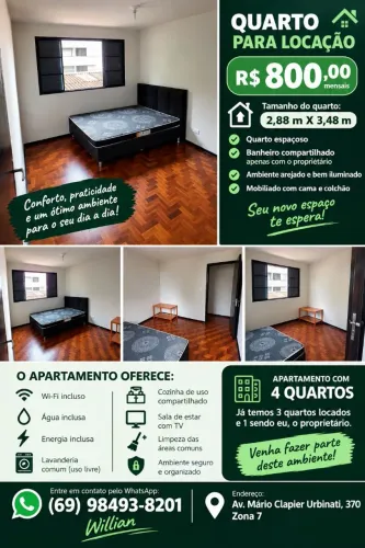 Quarto para locação na Zona 7