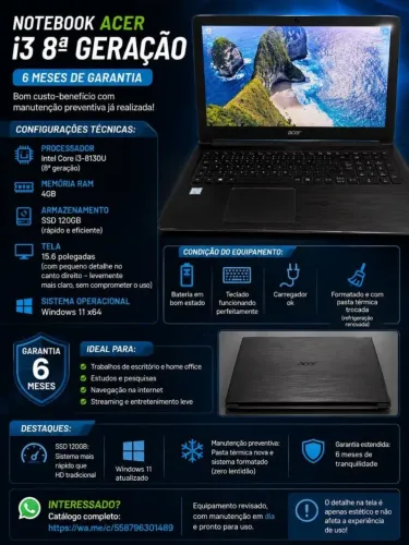 Notebook Acer i3 8ª Geração - 6 Meses de Garantia