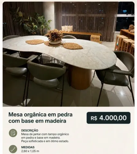 Mesa orgânica em pedra com base em madeira