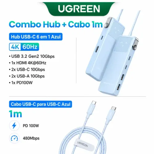 Kit Hub Ugreen Uno 6 em 1 Azul + Cabo USB-C 100W 1m
