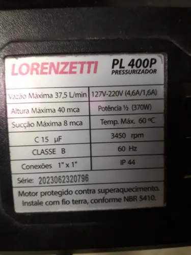 pressurizador Lorenzetti 3450 rpm