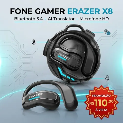 Fone de Ouvido Bluetooth 5.4 Gamer ERAZER X8 AI Translator - Sem Fio com Microfone HD