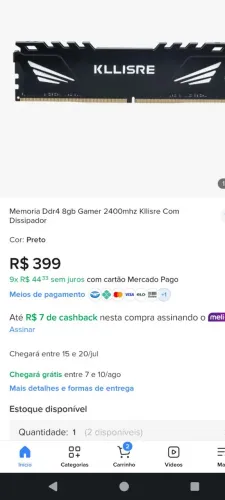 Memória KLLISRE 8gb DDR4 2400mhz