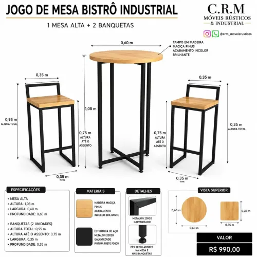 Jogo mesa bistro industrial 