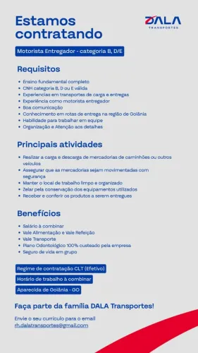 Motorista cat. B e D - Contratação imediata