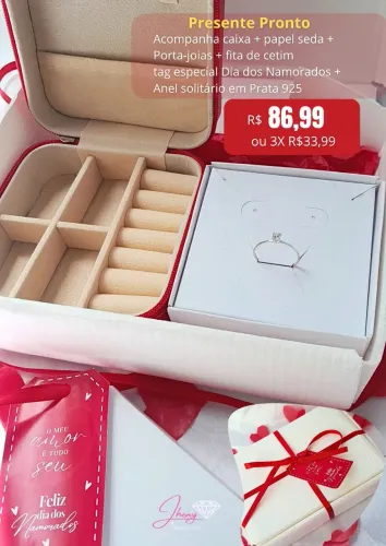 Kit presente dia dos namorados com anel solitário 3mm em prata 925