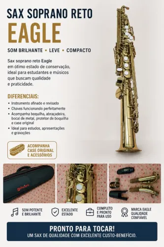 Sax Soprano Reto Eagle - Excelente Estado | Completo com Case e Acessórios