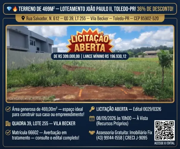 ? TERRENO PLANO DE 469M² ? LOTEAMENTO JOÃO PAULO II, TOLEDO-PR! CONSTRUA JÁ!